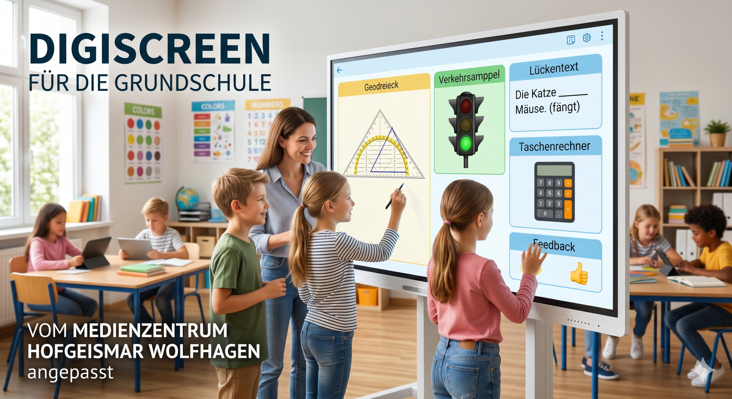 Ein helles Grundschulklassenzimmer, in dem eine Lehrerin und drei Kinder vor einem großen, interaktiven Whiteboard stehen. Auf dem Bildschirm ist die digitale Tafeloberfläche „Digiscreen“ mit kindgerechten Kacheln für Geodreieck, Verkehrsampel, Lückentext, Taschenrechner und Feedback zu sehen. Links im Bild steht der Text „DIGISCREEN FÜR DIE GRUNDSCHULE“, unten links steht „VOM MEDIENZENTRUM HOFGEISMAR WOLFHAGEN angepasst“. Im Hintergrund sitzen weitere Kinder an ihren Schultischen.