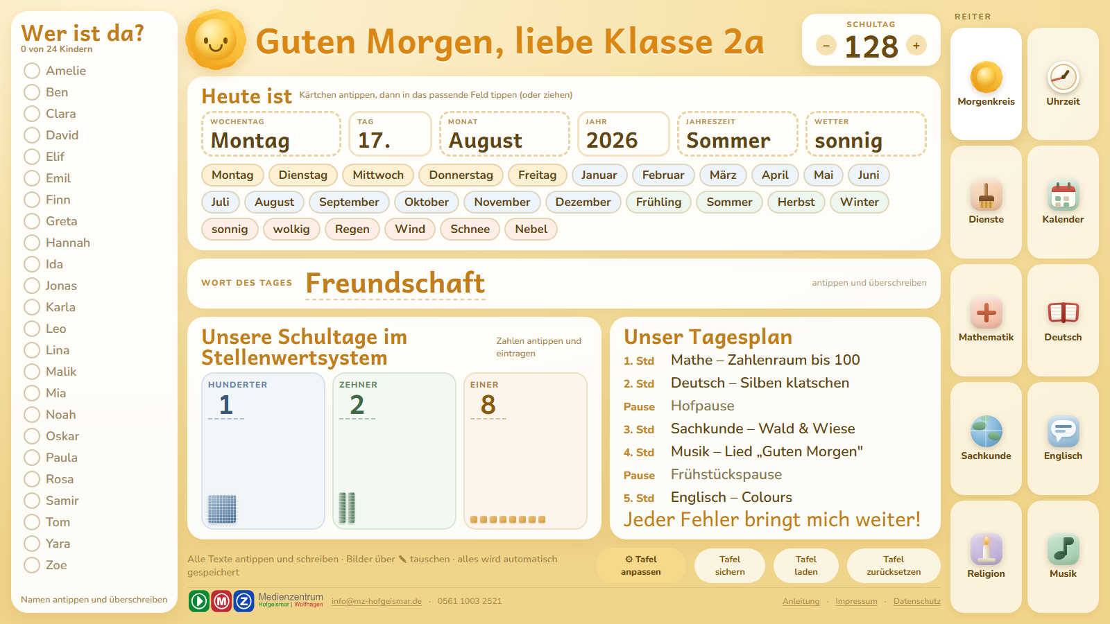 Digitale Morgenkreis-Tafel mit Anwesenheitsliste, Datum-Kärtchen, Stellenwertsystem und Tagesplan
